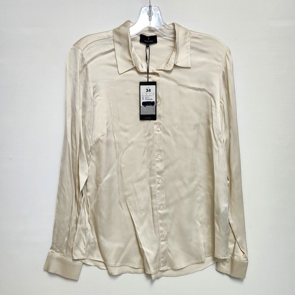 Monari Women's Creamy Beige Satin Button-Down Blouse Size 34
